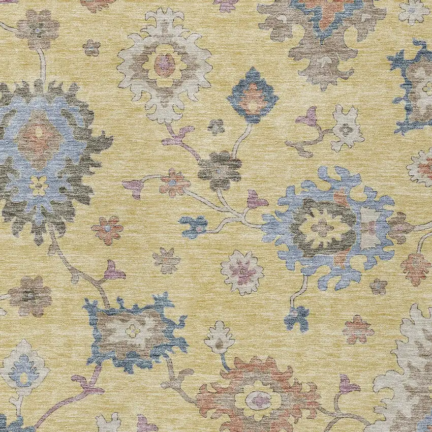 Gold Brown And Blue Floral Washable Indoor Outdoor Area Rug Photo 7