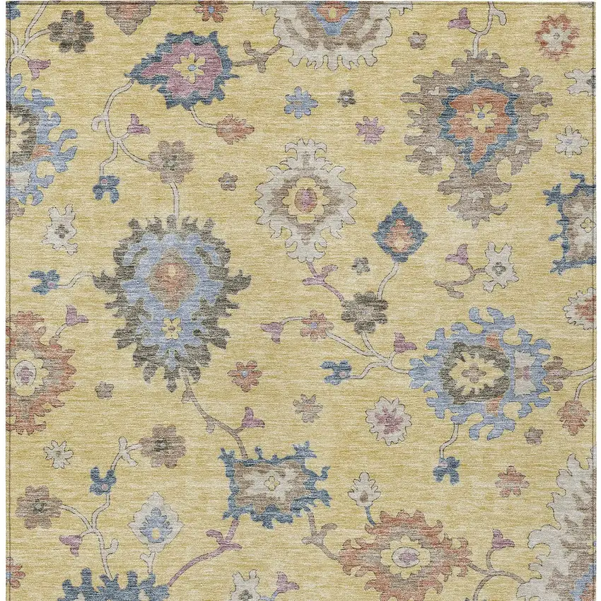 Gold Brown And Blue Floral Washable Indoor Outdoor Area Rug Photo 8