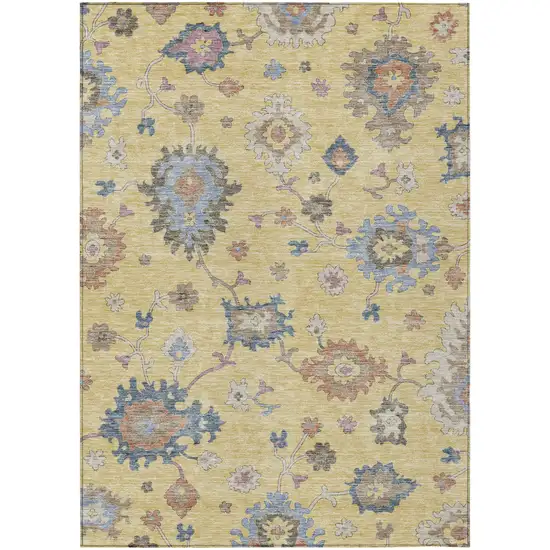 Gold Brown And Blue Floral Washable Indoor Outdoor Area Rug Photo 2