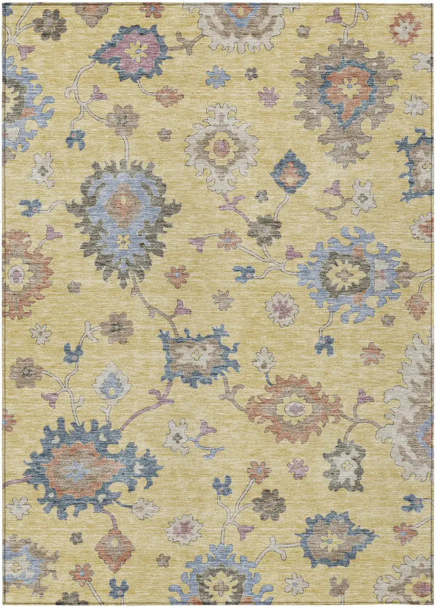 Gold Brown And Blue Floral Washable Indoor Outdoor Area Rug Photo 2