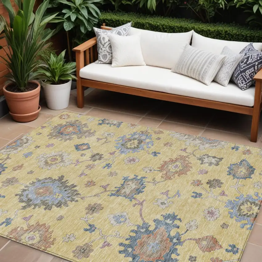 Gold Brown And Blue Floral Washable Indoor Outdoor Area Rug Photo 1