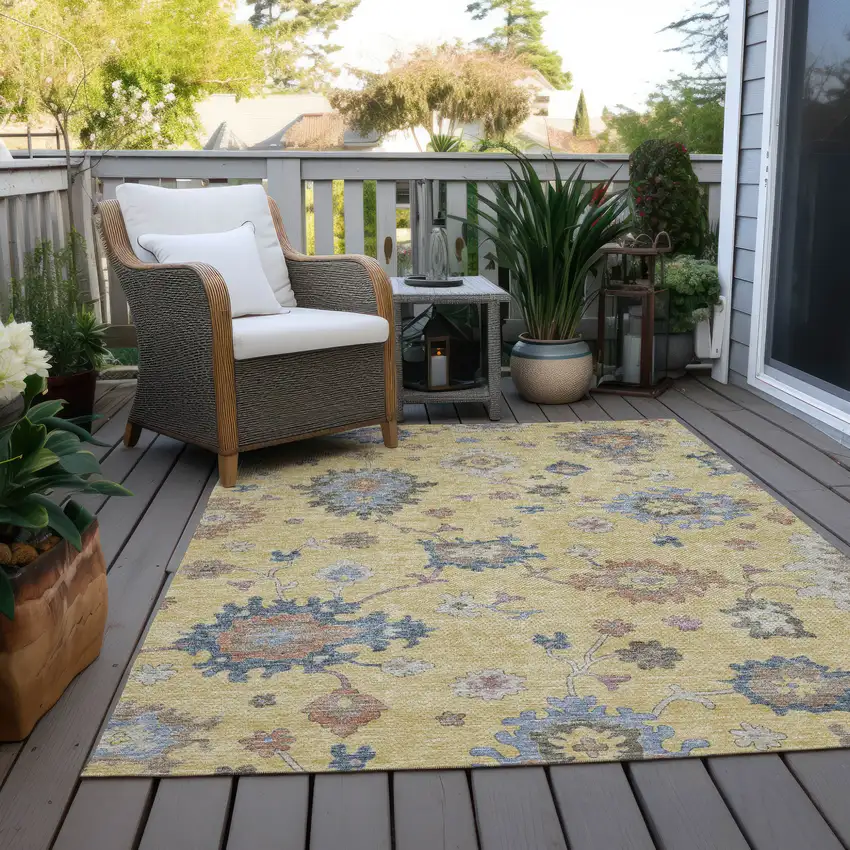 Gold Brown And Blue Floral Washable Indoor Outdoor Area Rug Photo 9