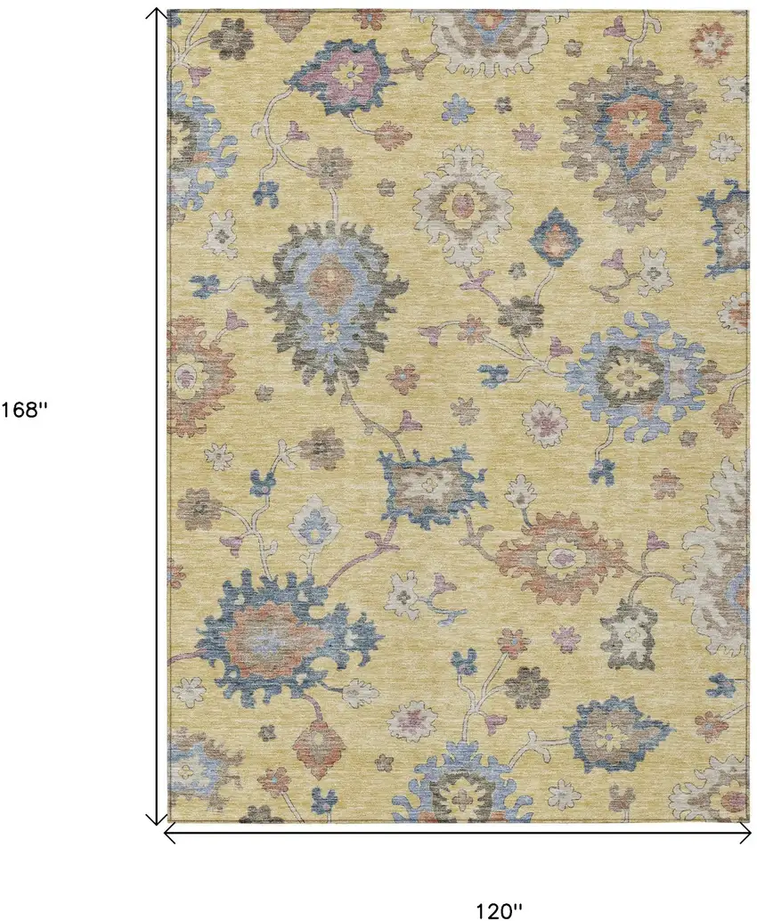 Gold Brown And Blue Floral Washable Indoor Outdoor Area Rug Photo 3