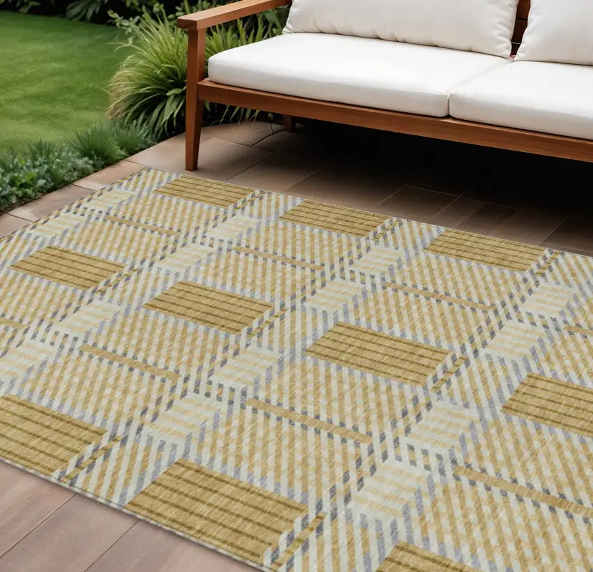 Gold Brown And Gray Plaid Washable Indoor Outdoor Area Rug Photo 1