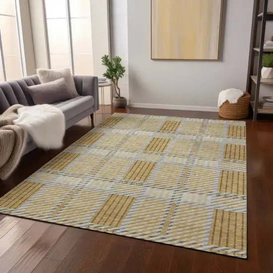 Gold Brown And Gray Plaid Washable Indoor Outdoor Area Rug Photo 9