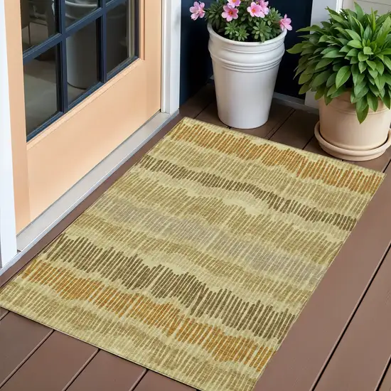 Gold Brown And Gray Striped Washable Indoor Outdoor Area Rug Photo 1