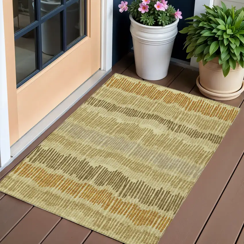 Gold Brown And Gray Striped Washable Indoor Outdoor Area Rug Photo 1