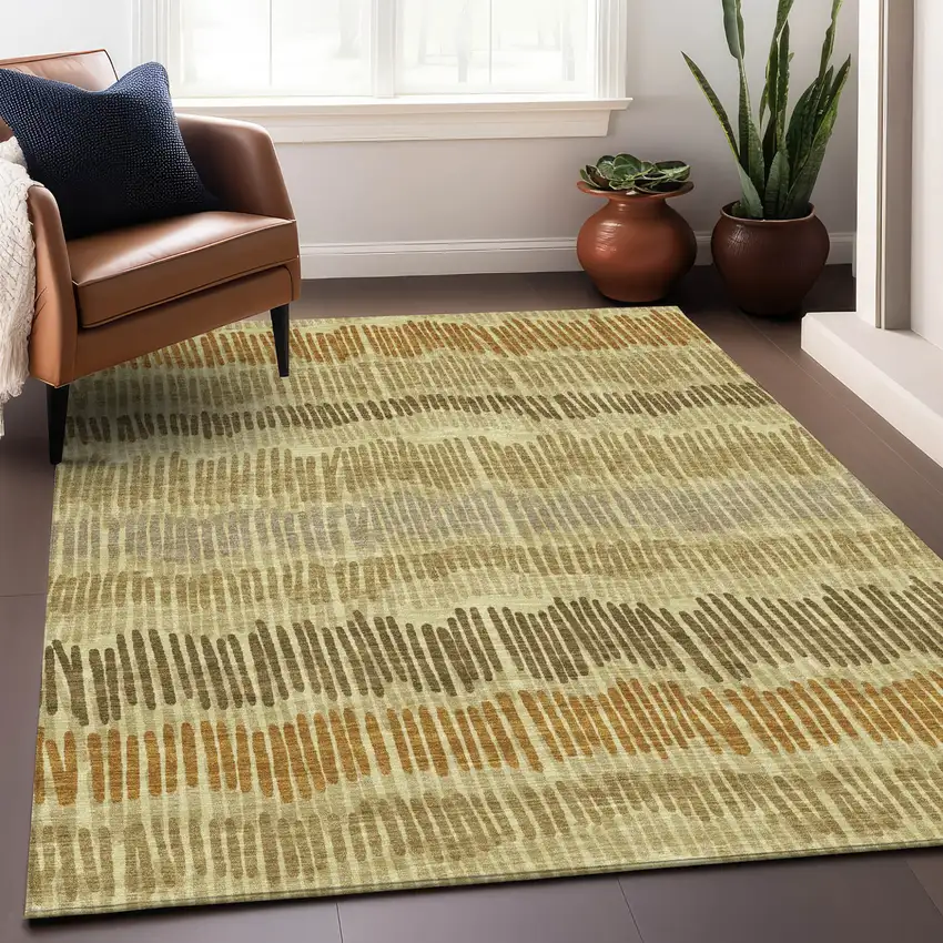 Gold Brown And Gray Striped Washable Indoor Outdoor Area Rug Photo 9