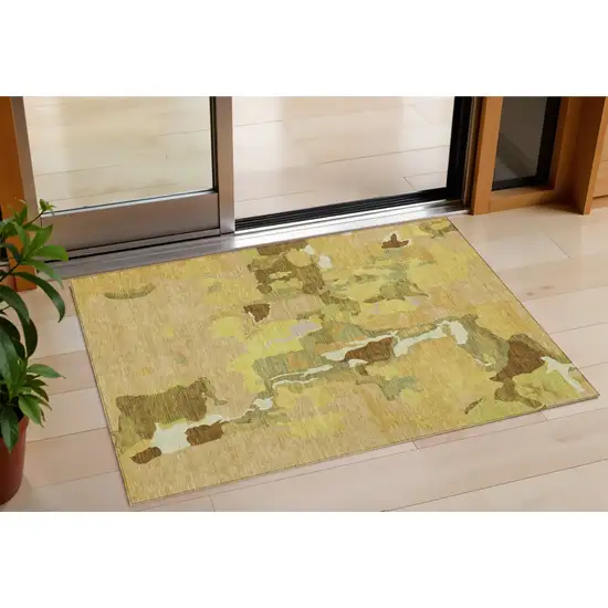 Gold Brown And Green Abstract Washable Indoor Outdoor Area Rug Photo 1