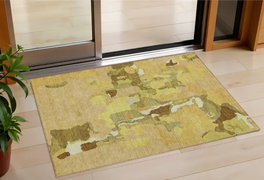 Gold Brown And Green Abstract Washable Indoor Outdoor Area Rug Photo 1