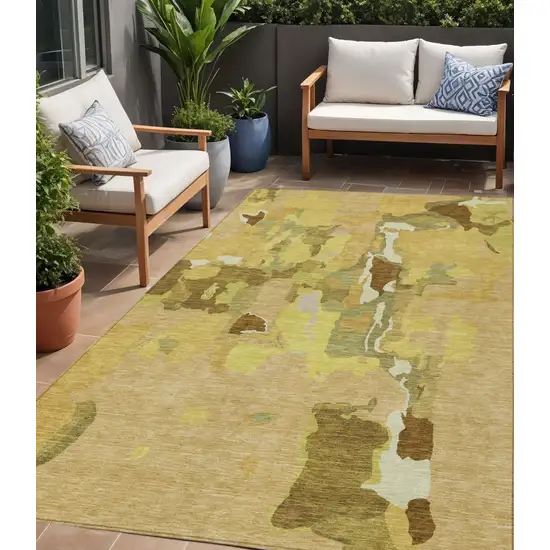 Gold Brown And Green Abstract Washable Indoor Outdoor Area Rug Photo 1