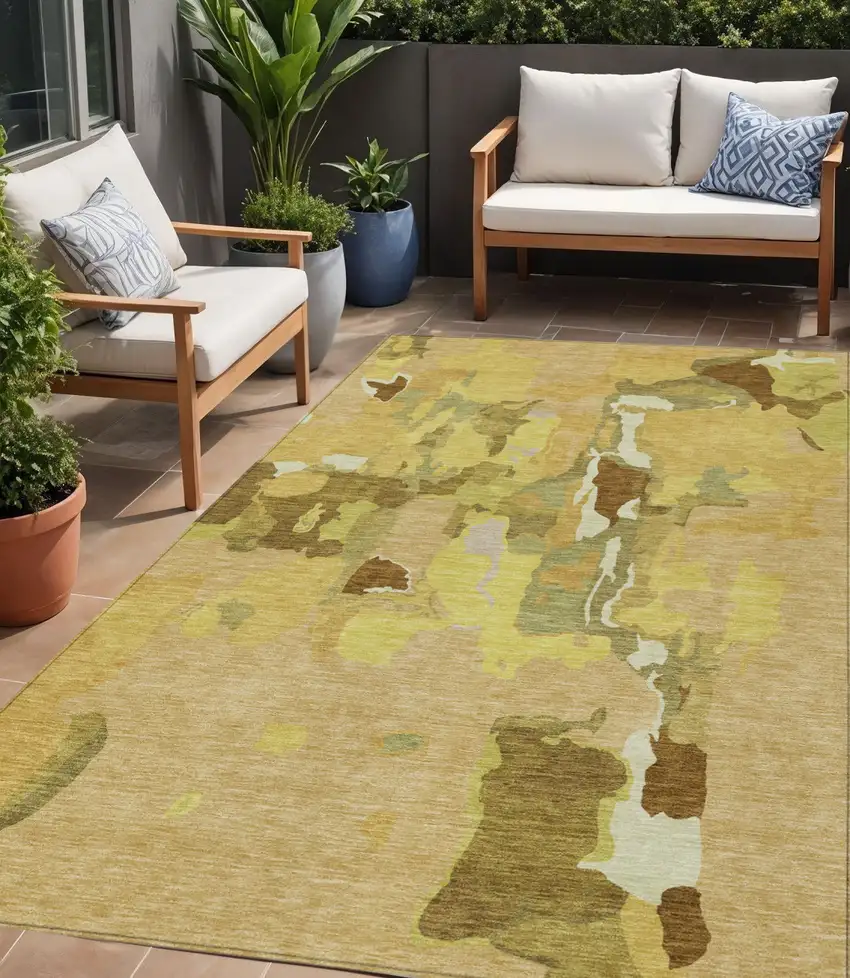 Gold Brown And Green Abstract Washable Indoor Outdoor Area Rug Photo 1