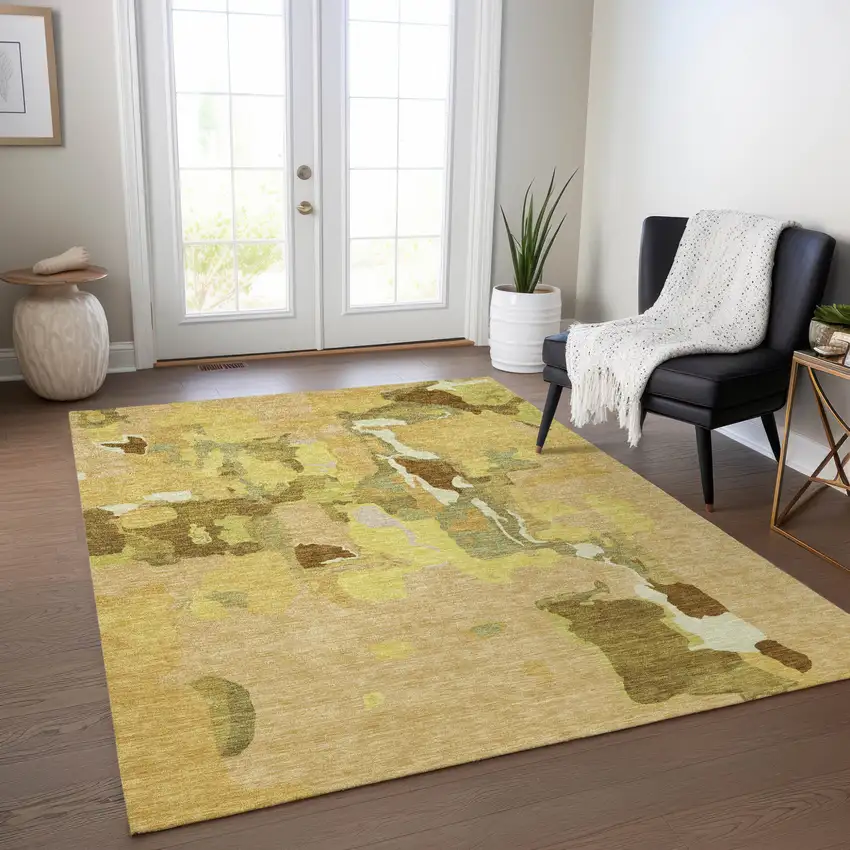 Gold Brown And Green Abstract Washable Indoor Outdoor Area Rug Photo 9