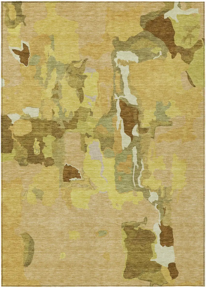 Gold Brown And Green Abstract Washable Indoor Outdoor Area Rug Photo 2