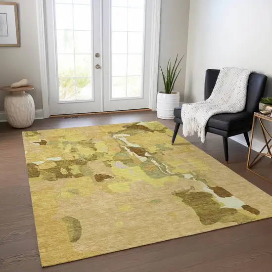 Gold Brown And Green Abstract Washable Indoor Outdoor Area Rug Photo 9