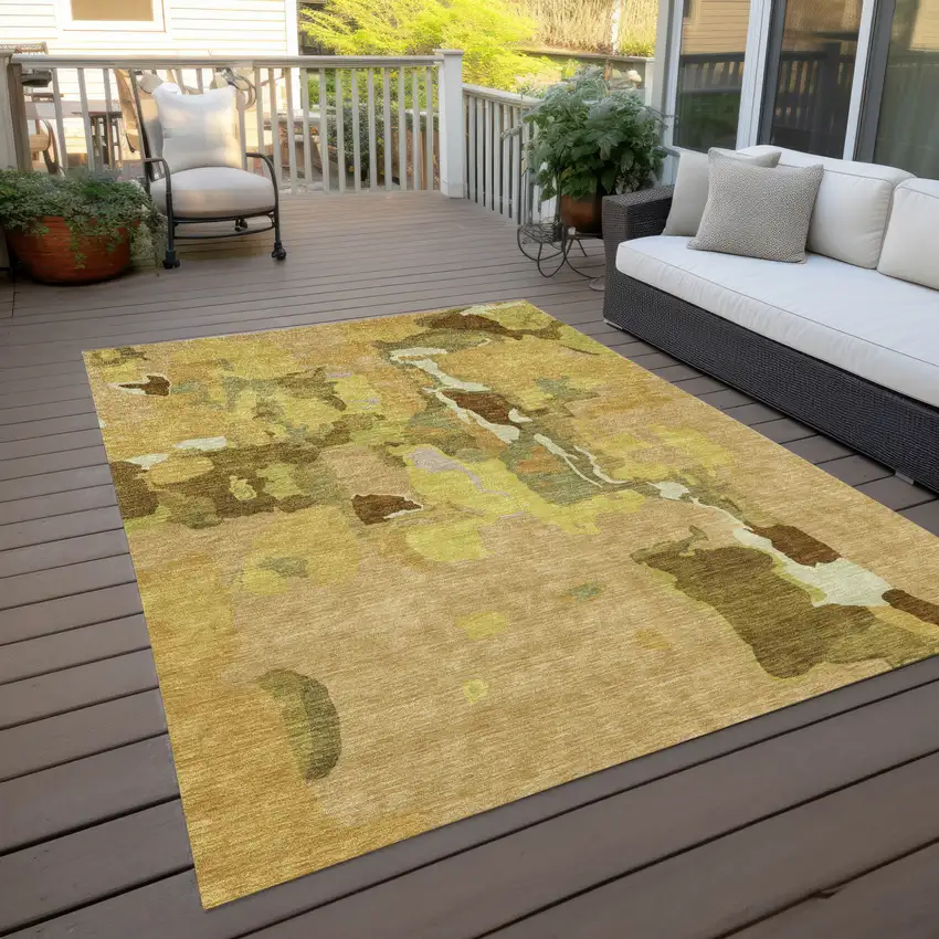 Gold Brown And Green Abstract Washable Indoor Outdoor Area Rug Photo 9