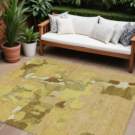Gold Brown And Green Abstract Washable Indoor Outdoor Area Rug Photo 1