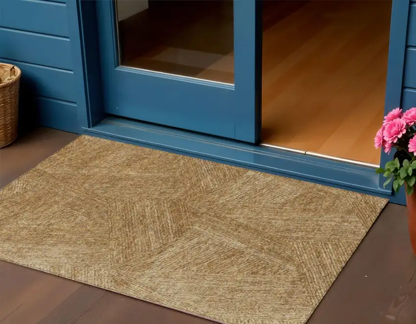 Gold Brown And Ivory Abstract Washable Indoor Outdoor Area Rug Photo 1
