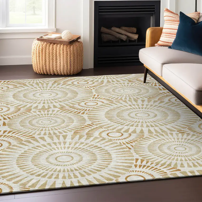 Gold Brown And Ivory Geometric Washable Indoor Outdoor Area Rug Photo 9