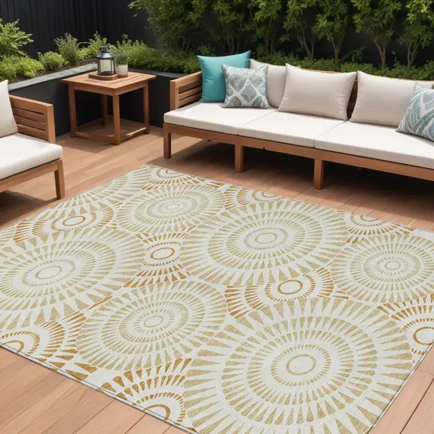 Gold Brown And Ivory Geometric Washable Indoor Outdoor Area Rug Photo 1