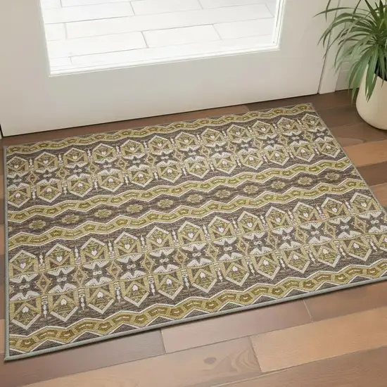 Gold Brown And Ivory Moroccan Washable Area Rug With UV Protection Photo 2