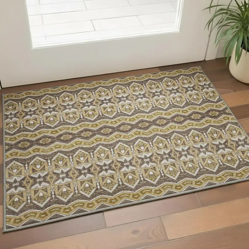 Gold Brown And Ivory Moroccan Washable Area Rug With UV Protection Photo 2