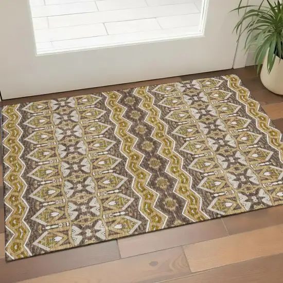 Gold Brown And Ivory Moroccan Washable Area Rug With UV Protection Photo 1
