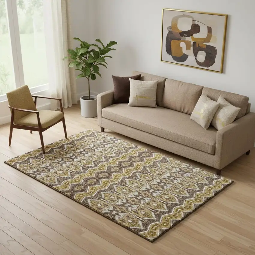 Gold Brown And Ivory Moroccan Washable Area Rug With UV Protection Photo 1