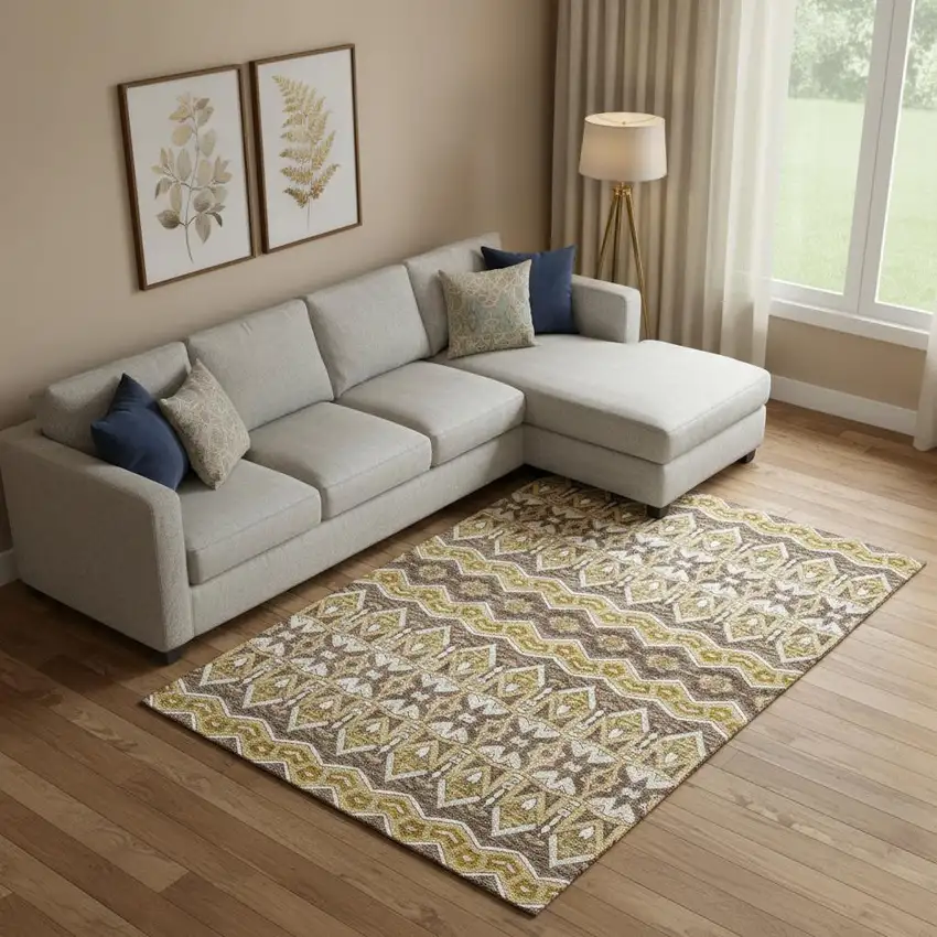 Gold Brown And Ivory Moroccan Washable Area Rug With UV Protection Photo 1