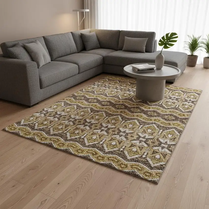 Gold Brown And Ivory Moroccan Washable Area Rug With UV Protection Photo 2
