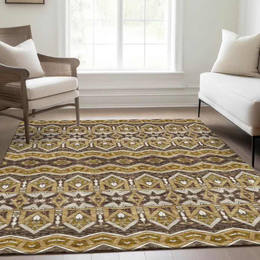 Gold Brown And Ivory Moroccan Washable Area Rug With UV Protection Photo 6
