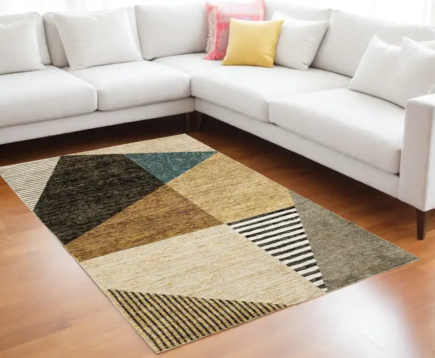 Gold Brown Blue Charcoal Rust and Beige Geometric Power Loom Area Rug Photo 1