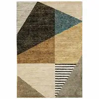 Photo of Gold Brown Blue Charcoal Rust And Beige Geometric Power Loom Stain Resistant Area Rug