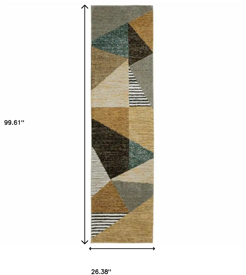 8' Runner Blue and Beige Geometric Power Loom Runner Rug Photo 3