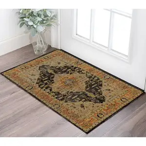 Photo of Gold Brown Grey Rust Green And Purple Oriental Power Loom Stain Resistant Area Rug
