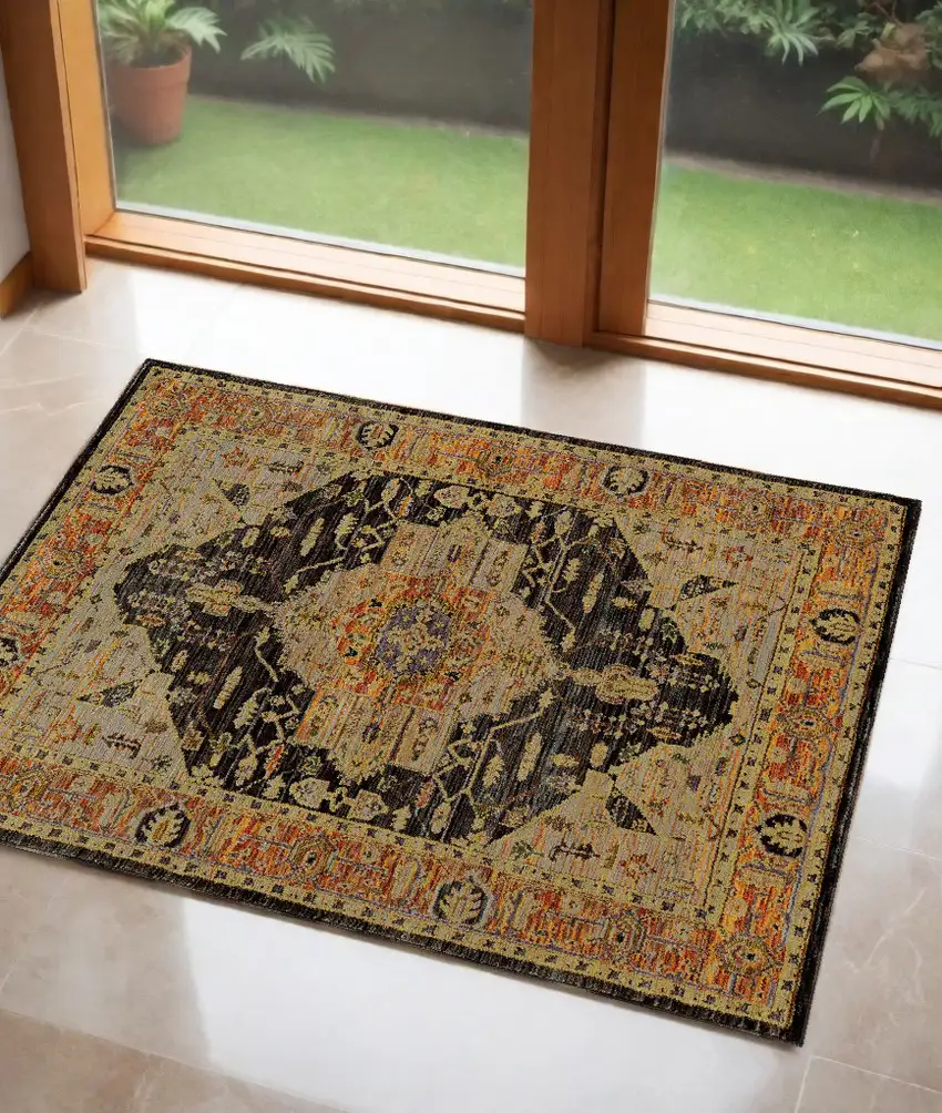 Black and Gold Oriental Power Loom Area Rug Photo 1