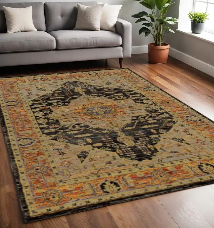 Black and Gold Oriental Power Loom Area Rug Photo 1