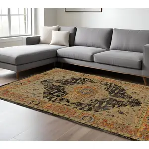 Photo of Gold Brown Grey Rust Green And Purple Oriental Power Loom Stain Resistant Area Rug