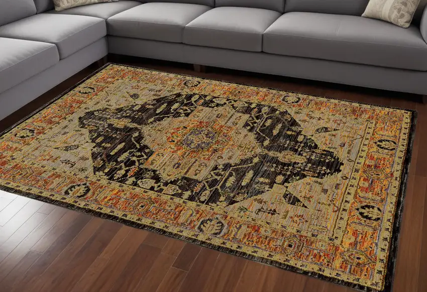 Black and Gold Oriental Power Loom Area Rug Photo 1
