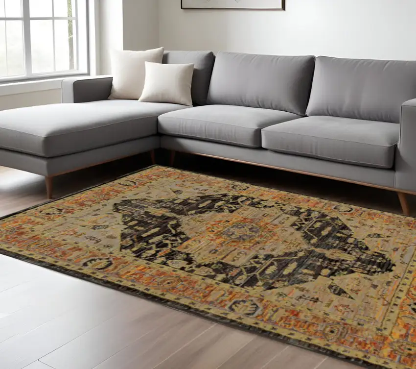 Black and Gold Oriental Power Loom Area Rug Photo 1