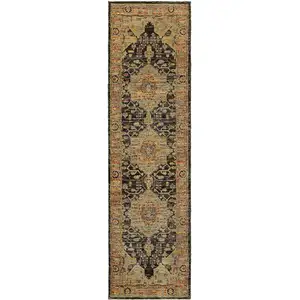 Photo of Gold Brown Grey Rust Green And Purple Oriental Power Loom Stain Resistant Runner Rug