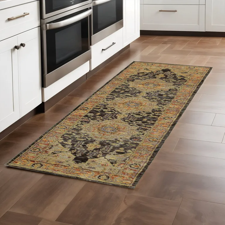 Gold Brown Grey Rust Green And Purple Oriental Power Loom Stain Resistant Runner Rug Photo 5