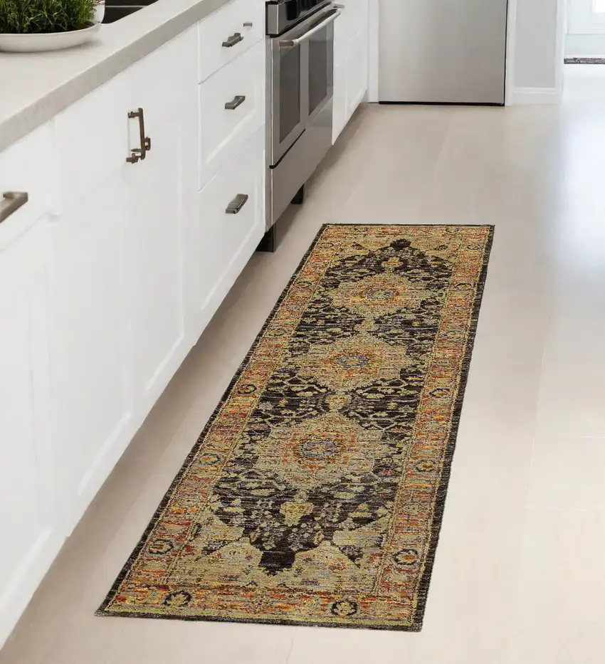 Black and Gold Oriental Power Loom Runner Rug Photo 1