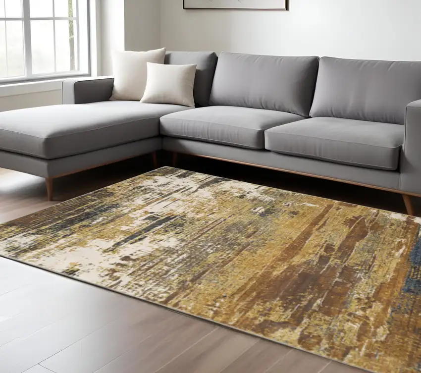 Gold Brown Rust Grey Blue And Beige Abstract Power Loom Stain Resistant Area Rug Photo 1