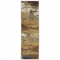 Photo of Gold Brown Rust Grey Blue And Beige Abstract Power Loom Stain Resistant Runner Rug