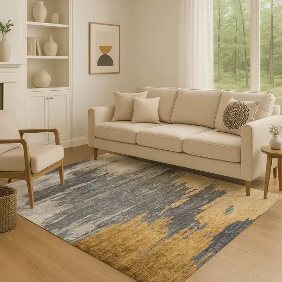 Gold Charcoal And Gray Abstract Washable Area Rug With UV Protection Photo 5