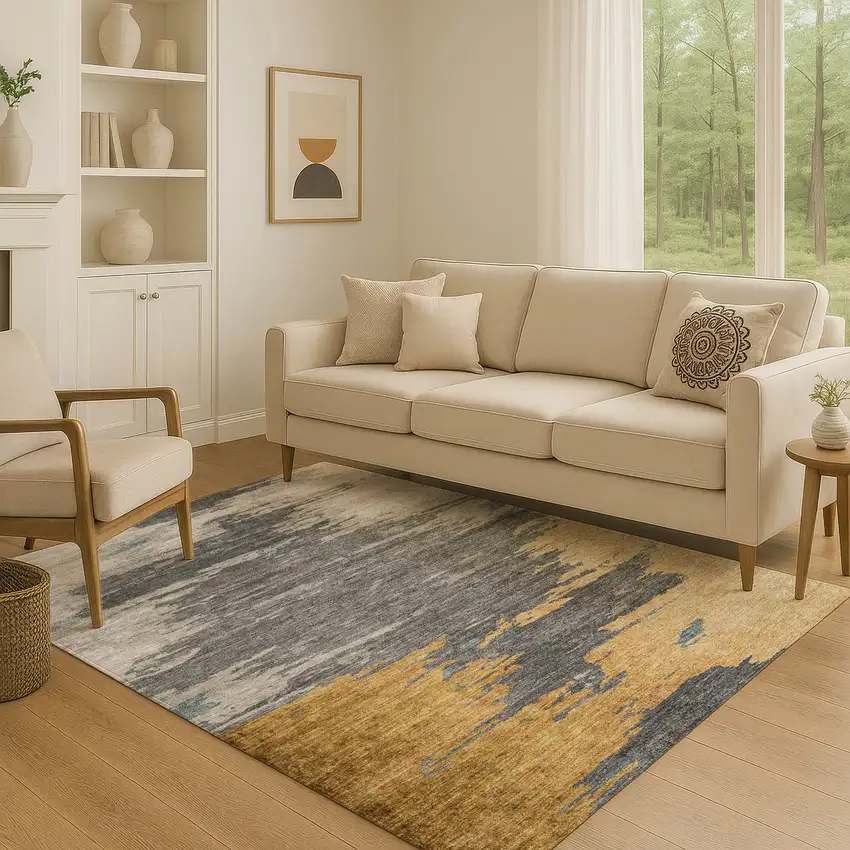 Gold Charcoal And Gray Abstract Washable Area Rug With UV Protection Photo 5