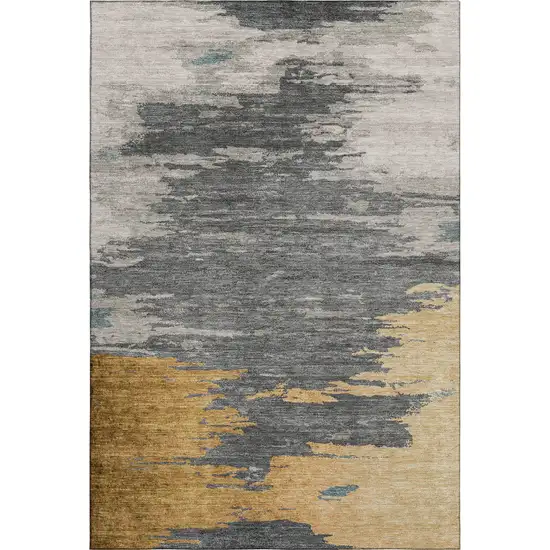 Gold Charcoal And Gray Abstract Washable Area Rug With UV Protection Photo 7