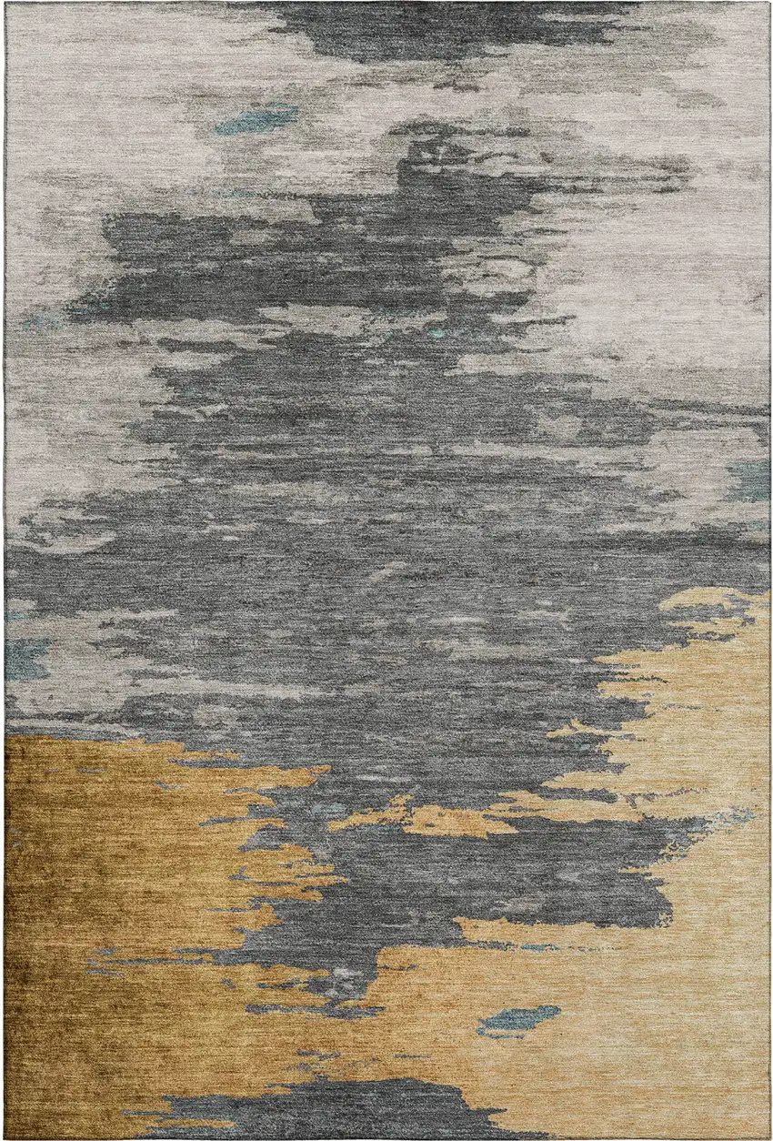 Gold Charcoal And Gray Abstract Washable Area Rug With UV Protection Photo 6