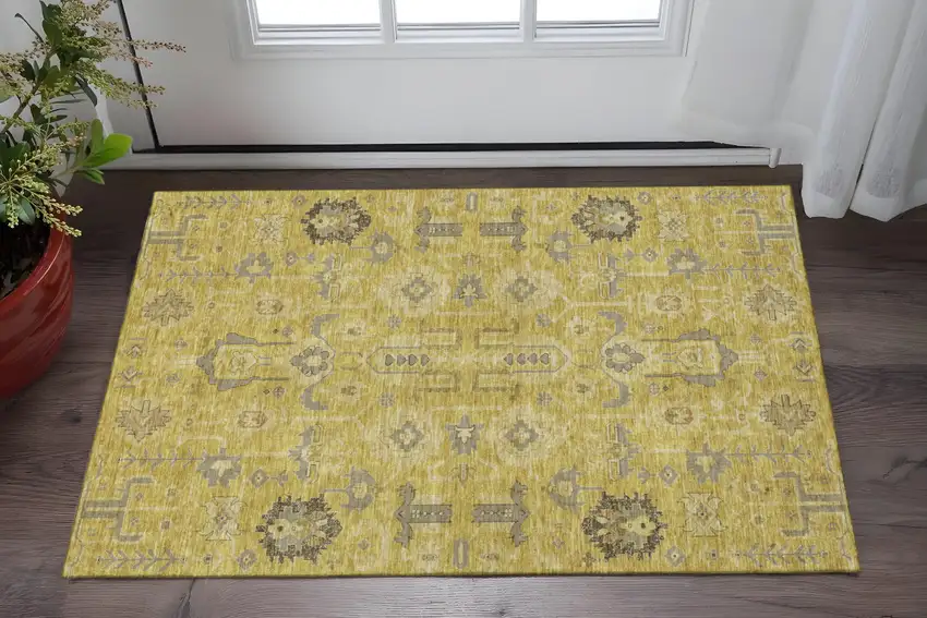 Gold Charcoal And Gray Oriental Washable Area Rug With UV Protection Photo 2